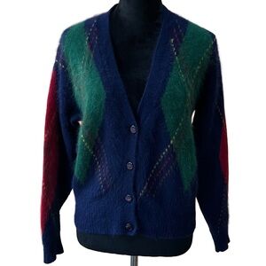 Rafaella Angora‎ Lambswool cardigan Navy Green Argyle classic heritage academia